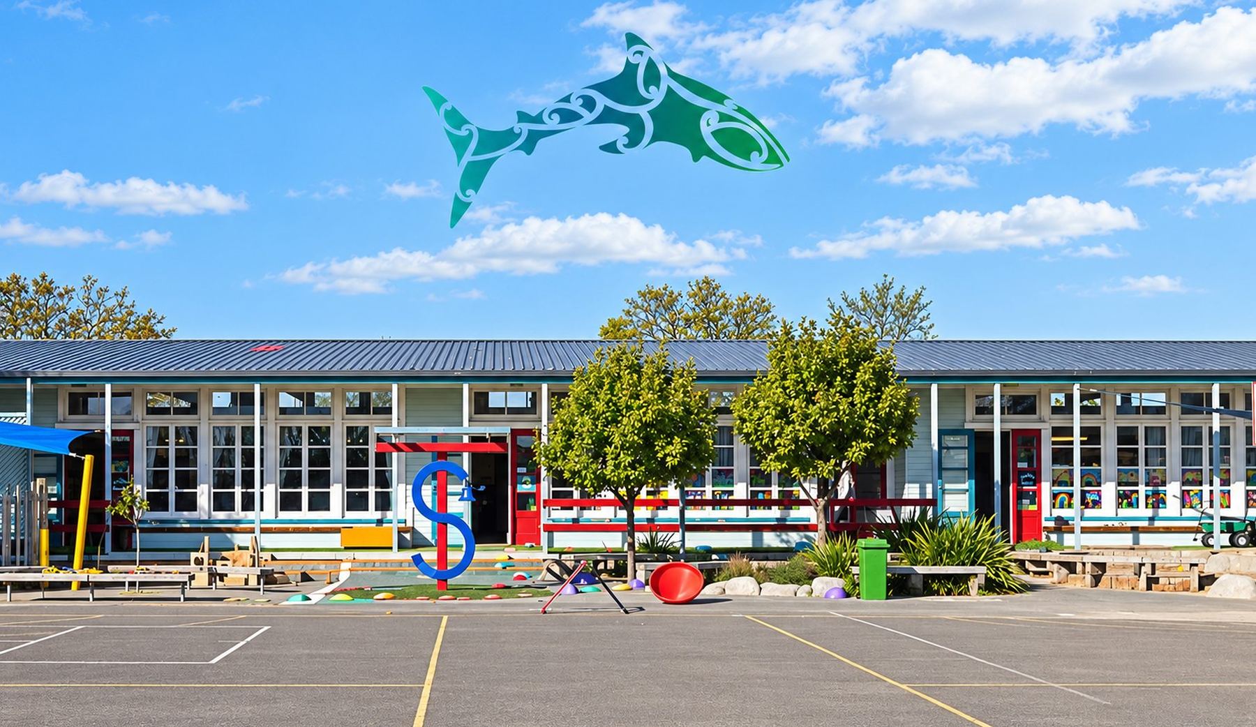 The Taradale Primary School buildings under a blue sky with the school's pounamu shark artwork